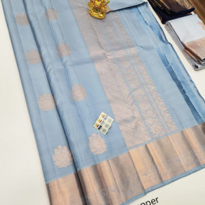 Trendy Design Pure Kanjivaram Fancy Silk Saree Light Blue Color w/ Blouse