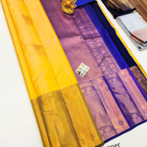 Copper Zari Work Big Border Pure Kanjivaram Fancy Silk Saree Yellow and Blue Color w/ Blouse