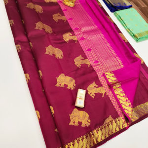 Elephant and Horse Design Pure Soft Silk Saree Magenta Color w/ Blouse