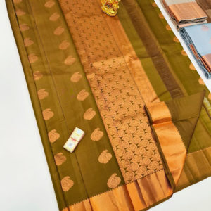 New Design Pure Soft Silk Saree Olive Green Color w/ Blouse