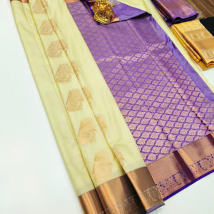 High Fancy Kanjivaram Silk Saree Mix Cream White Color w/ Blouse