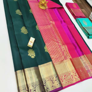 New Design Pure Kanjivaram Fancy Silk Saree Bottle Green Color w/ Blouse
