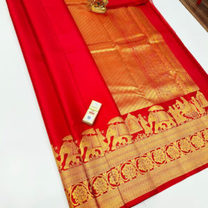 Elephant Design Pure Kanjivaram Fancy Silk Saree Chilli Red Color w/ Blouse
