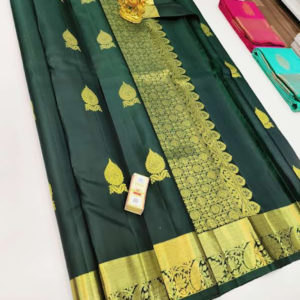 Pure Kanjivaram Fancy Silk Saree Dark Green Color w/ Blouse
