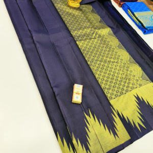 Temple Border Pure Kanjivaram Fancy Silk Saree Ink Blue Color w/ Blouse
