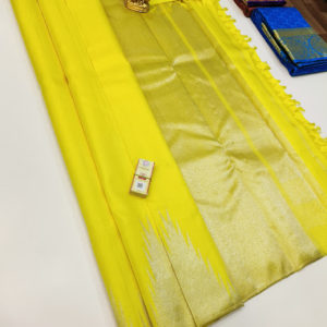 Temple Border Pure Kanjivaram Fancy Silk Saree Lemon Yellow Color w/ Blouse