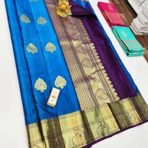 Beautiful Design Pure Kanjivaram Fancy Silk Saree Light Blue Color w/ Blouse