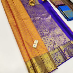 New Design Pure Kanjivaram Fancy Silk Saree Mango Yellow Color w/ Blouse
