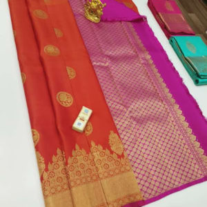 Pure Kanjivaram Fancy Silk Saree Orange Color w/ Blouse