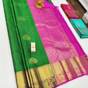 Pure Kanjivaram Fancy Silk Saree Parrot Green Color w/ Blouse