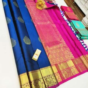 Pure Kanjivaram Fancy Silk Saree Peacock Blue Color w/ Blouse