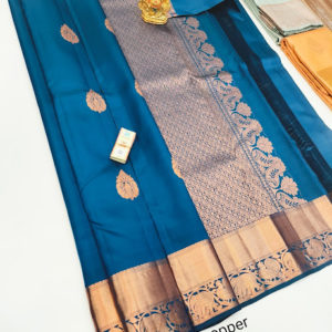 Beautiful Design Pure Kanjivaram Fancy Silk Saree Peacock Blue Color