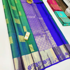 Beautiful Design Pure Kanjivaram Fancy Silk Saree Peacock Green Color w/ Blouse