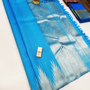 Temple Border Pure Kanjivaram Fancy Silk Saree Sky Blue Color w/ Blouse