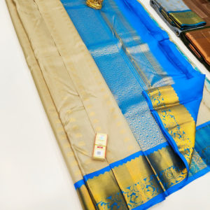 Pure Soft Silk Saree Cream and Blue Color w/ Blouse