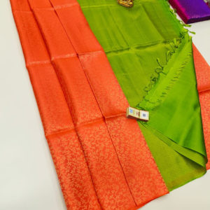 Pure Soft Silk Saree Fanta Orange and Green Color w/ Blouse
