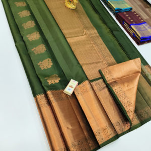 Big Border Pure Soft Silk Saree Olive Green Color w/ Blouse