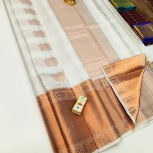 Copper Zari Work Big Border Pure Soft Silk Saree Pure White Color w/ Blouse