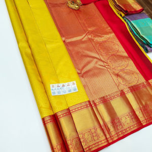 Trendy Design Kanjivaram Pure Wedding Silk Saree Yellow Color w/ Blouse