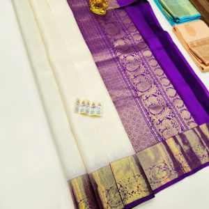 Pure Kanjivaram Fancy Silk Saree White and Purple Color w/ Blouse