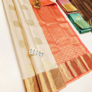 Latest and Trendy Design Pure Kanjivaram Fancy Silk Saree Off White Color w/ Blouse