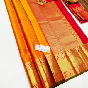 Unique Design Pure Kanjivaram Fancy Silk Saree Orange Color w/ Blouse