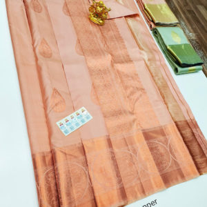 Pure Kanjivaram Fancy Silk Saree Peach and Copper Color w/ Blouse