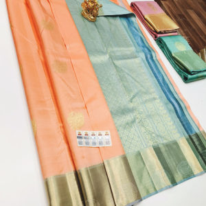 Unique Design Pure Kanjivaram Fancy Silk Saree Peach Color w/ Blouse