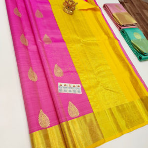 New Design Pure Kanjivaram Fancy Silk Saree Rose and Yellow Color w/ Blouse