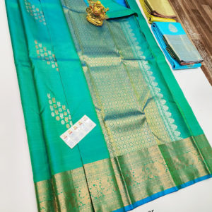 Pure Kanjivaram Fancy Silk Saree Sapphire Green Color w/ Blouse