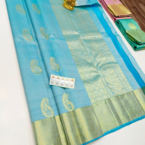 Pure Kanjivaram Fancy Silk Saree Sky Blue Color w/ Blouse