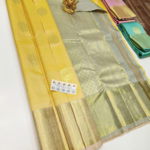 New Design Pure Kanjivaram Fancy Silk Saree Yellow Color w/ Blouse
