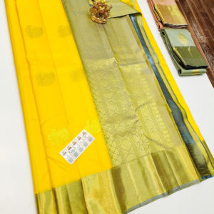 Pure Kanjivaram Fancy Silk Saree Yellow Color w/ Blouse