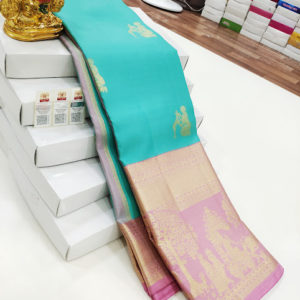 Beautiful Design Pure Kanjivaram Fancy Silk Saree Rama Blue Color w/ Blouse
