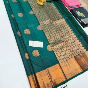 Pure Kanjivaram Fancy Silk Saree Bottle Green Color W/ Blouse