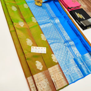Pure Kanjivaram Fancy Silk Saree Double Shade (Green and Yellow) Color W. Blouse
