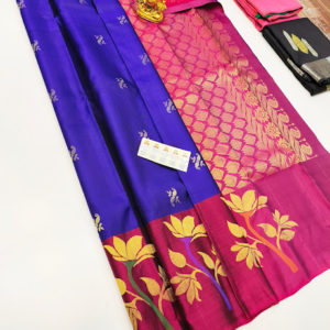 Unique Design Pure Kanjivaram Fancy Silk Saree Ink Blue Color W/ Blouse