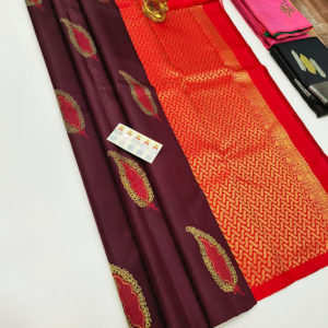 Beautiful Design Pure Kanjivaram Fancy Silk Saree Kumkum Red Color W/ Blouse