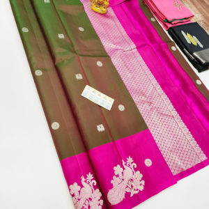 New Design Pure Kanjivaram Fancy Silk Saree Mango Leaf Color W/ Blouse