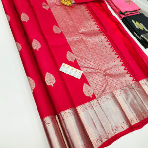 White Zari Work Pure Kanjivaram Fancy Silk Saree Pink Color W. Blouse