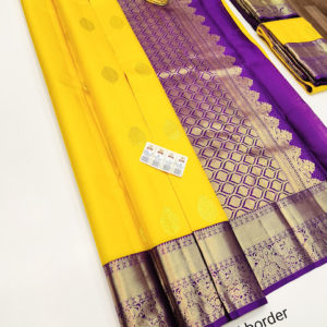 Pure Kanjivaram  fancy Silk Saree Yellow Color w/ Blouse