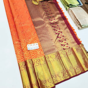 Unique Design Kanjivaram Pure Wedding Bridal Silk Saree Fanta Orange Color w/ Blouse