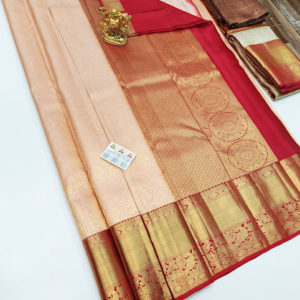 Kanjivaram Pure Wedding Silk Saree Light Peach Color w/ Blouse