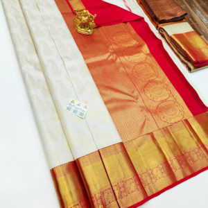 Kanjivaram Pure Wedding Silk Saree Pure White and Red Color w/ Blouse