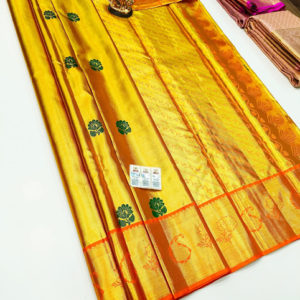Kanjivaram Pure Wedding Silk Saree Golden Yellow Color w/ Blouse