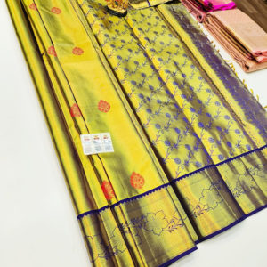 Kanjivaram Pure Wedding Silk Saree Yellow and Blue Color w/ Blouse