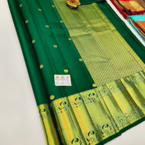 Pure Kanjivaram Fancy Silk Saree Bottle Green Color w/ Blouse