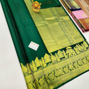 Elephant Design Pure Kanjivaram Fancy Silk Saree Bottle Green Color w/ Blouse
