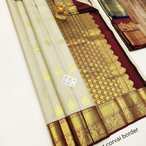 Unique Design Pure Kanjivaram Fancy Silk Saree Cream Color w/ Blouse