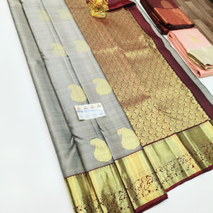 Pure Kanjivaram Fancy Silk Saree Gray Color w/ Blouse
